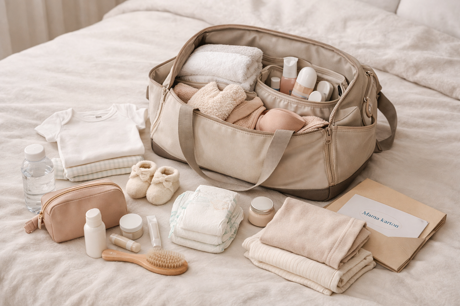 Torba za porodilište sa spiskom stvari za mamu i bebu – dokumentacija, garderoba, pelene i pribor za dojenje.