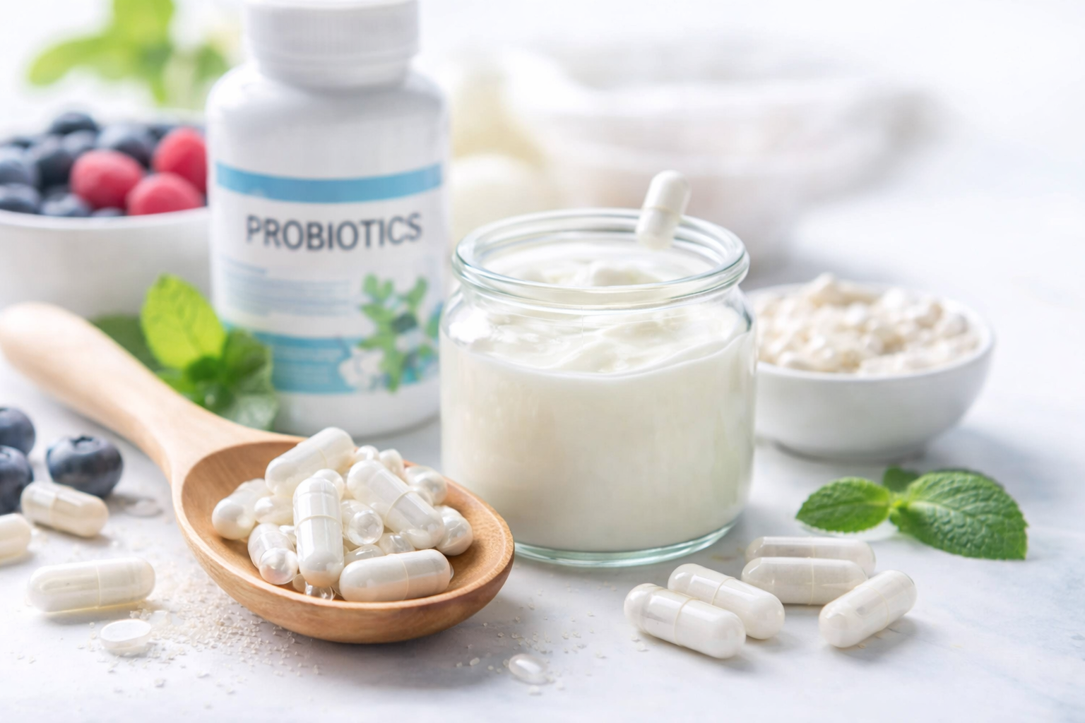 Probiotici u kapsulama i kesicama sa prikazom bakterijskih sojeva Lactobacillus i Bifidobacterium na čistoj medicinskoj pozadini